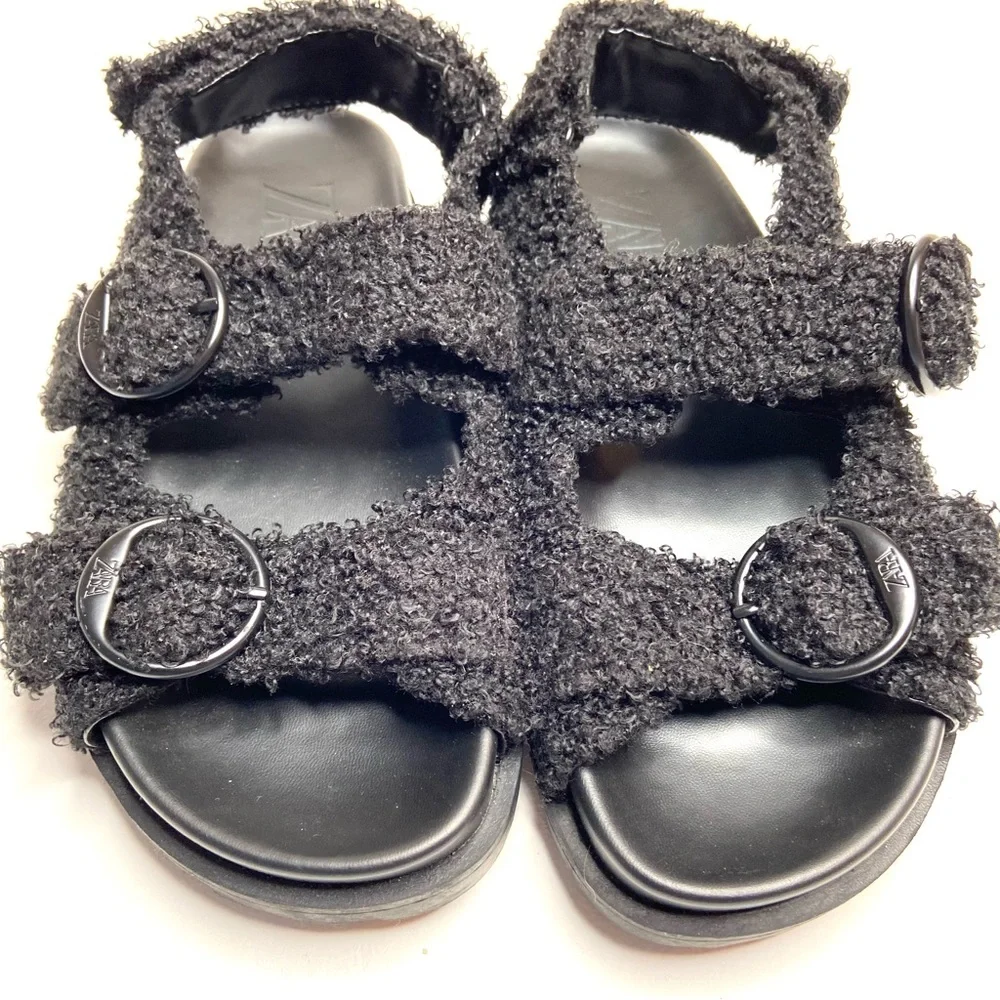 ZARA Black Faux Sherpa Fleece Double Buckle Sandal